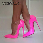 Veowalk Pink Curl Upper Women Patent Pointed Toe Stiletto High Heels Sexy Ladies Party Dress Shoes Club Dance Pumps Plus Size