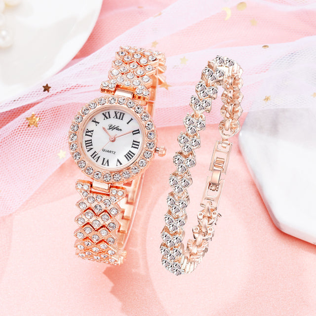 Luxury Women Rose Gold Watch Fashion Ladies Quartz Diamond Wristwatch Elegant Female Bracelet Watches 2pcs Set Reloj Mujer