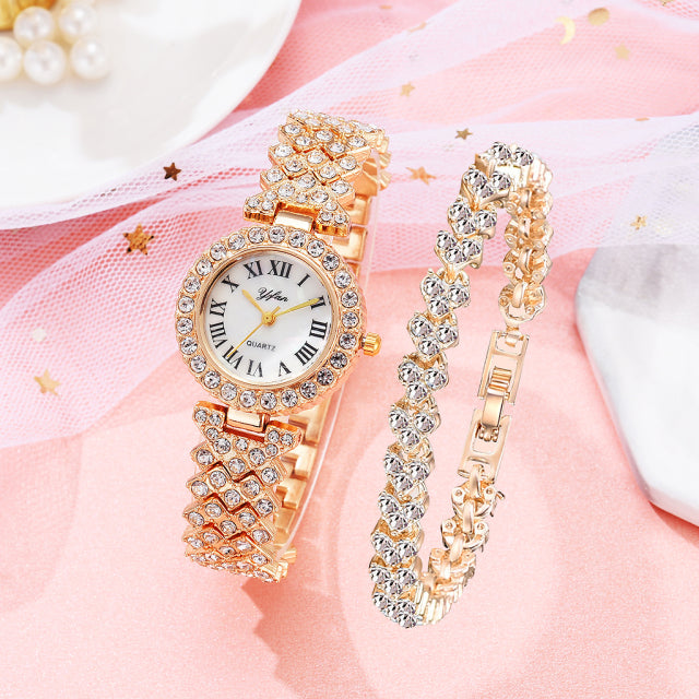 Luxury Women Rose Gold Watch Fashion Ladies Quartz Diamond Wristwatch Elegant Female Bracelet Watches 2pcs Set Reloj Mujer