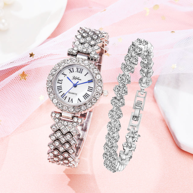 Luxury Women Rose Gold Watch Fashion Ladies Quartz Diamond Wristwatch Elegant Female Bracelet Watches 2pcs Set Reloj Mujer