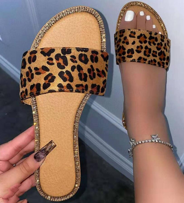 Leopard Sandals Women Summer Crystal Slides Glitter Slippers Ladies Rhinestone Female Diamond Flat Shoes Sandels Sandalias Mujer