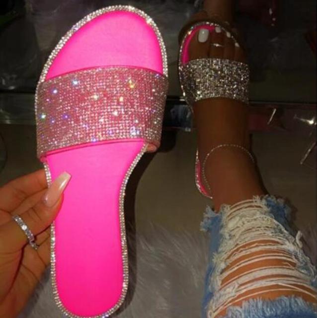 Leopard Sandals Women Summer Crystal Slides Glitter Slippers Ladies Rhinestone Female Diamond Flat Shoes Sandels Sandalias Mujer