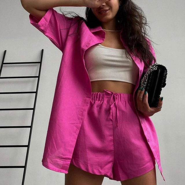 Casual Womem Yellow Lounge Wear Summer Tracksuit Shorts Set Long Sleeve Shirt Tops And Mini Shorts Suit 2021 New Two Piece Set