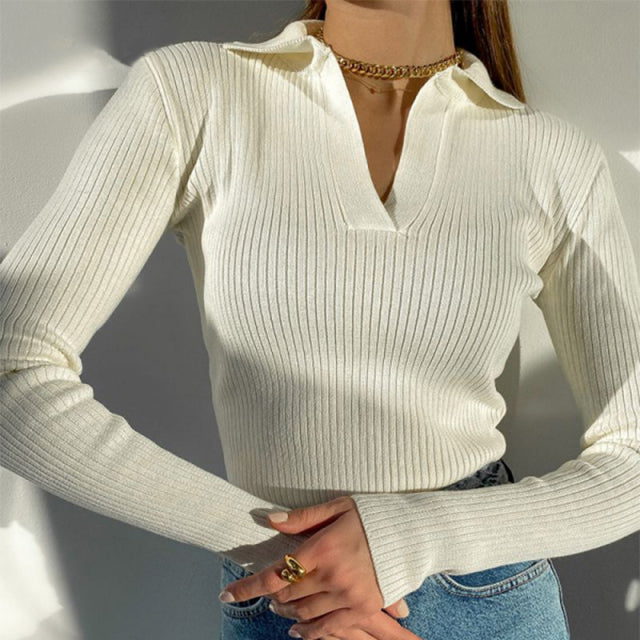 Casual Knitted Sweater Pullover Basic V Neck Long Sleeve Slim Fit T-shirt Female Autumn Winter Jumpers Top Y2K Women Clothes