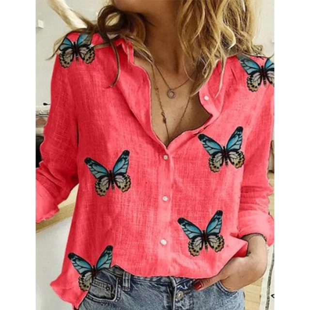 Casual Long Sleeve Birds Print Loose Shirts Women Oversized Cotton and Linen Blouses and Tops Vintage Streetwear Tunic Tees