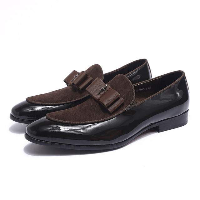 Handmade Genuine Patent Leather And Nubuck Leather Patchwork With Bow Tie Men Wedding Black Dress Shoes Men's Banquet Loafers