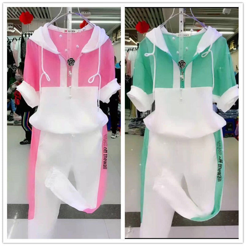 Women's 2 Two Piece Set 2021 Summer New Slim Fashion Short Sleeve Hooded Sweater Leisure Sweat Suit Plus Size Clothing For Women
