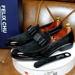 Handmade Genuine Patent Leather And Nubuck Leather Patchwork With Bow Tie Men Wedding Black Dress Shoes Men's Banquet Loafers