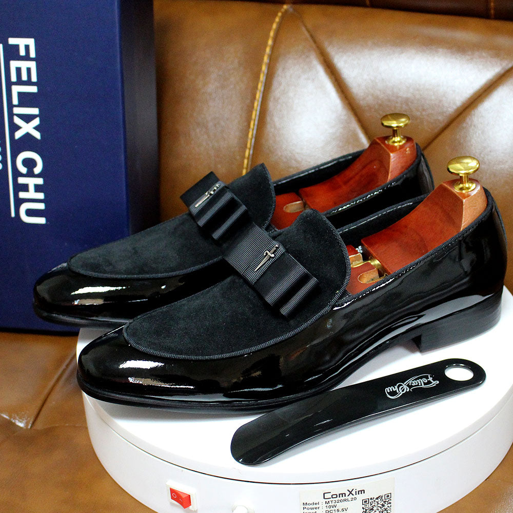 Handmade Genuine Patent Leather And Nubuck Leather Patchwork With Bow Tie Men Wedding Black Dress Shoes Men's Banquet Loafers