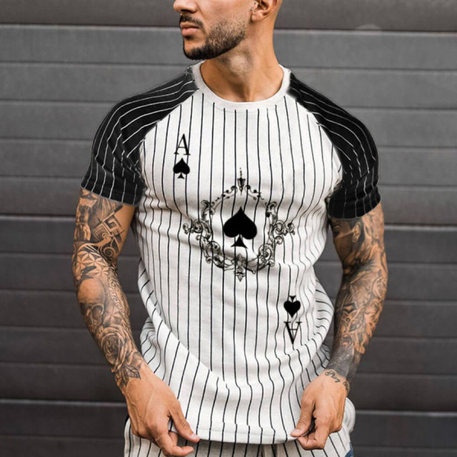 2021 Summer Men's T-shirt Summer Men's Street Style Round Neck Shirt Fashion Poker Print Short Sleeve Zebra Stripe Printed Top