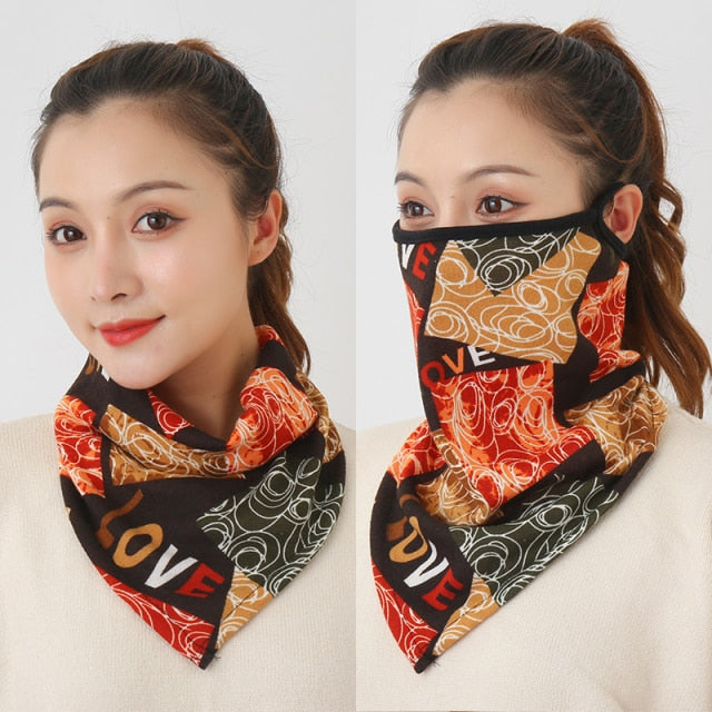 Women Cotton Mask Scarf Face Mascarillas Wraps Floral Print Lady Warm Neck Scarves Foulard Bandana Reusable Outdoor Riding Masks