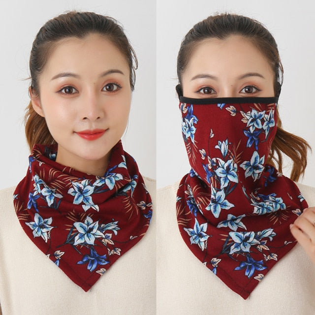 Women Cotton Mask Scarf Face Mascarillas Wraps Floral Print Lady Warm Neck Scarves Foulard Bandana Reusable Outdoor Riding Masks