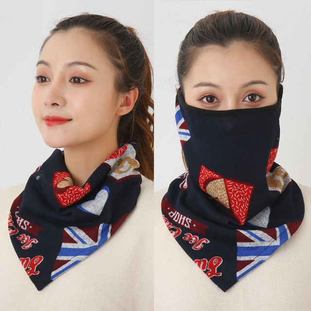 Women Cotton Mask Scarf Face Mascarillas Wraps Floral Print Lady Warm Neck Scarves Foulard Bandana Reusable Outdoor Riding Masks