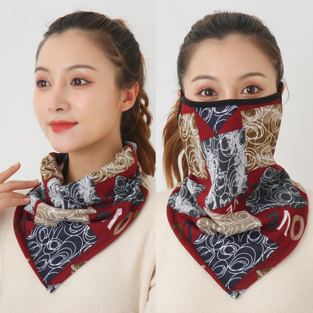 Women Cotton Mask Scarf Face Mascarillas Wraps Floral Print Lady Warm Neck Scarves Foulard Bandana Reusable Outdoor Riding Masks