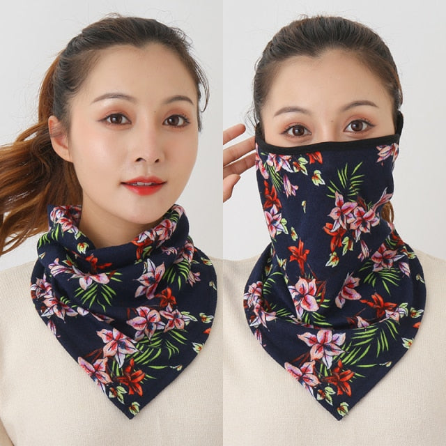 Women Cotton Mask Scarf Face Mascarillas Wraps Floral Print Lady Warm Neck Scarves Foulard Bandana Reusable Outdoor Riding Masks