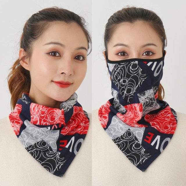 Women Cotton Mask Scarf Face Mascarillas Wraps Floral Print Lady Warm Neck Scarves Foulard Bandana Reusable Outdoor Riding Masks