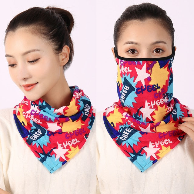 Women Cotton Mask Scarf Face Mascarillas Wraps Floral Print Lady Warm Neck Scarves Foulard Bandana Reusable Outdoor Riding Masks