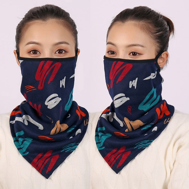 Women Cotton Mask Scarf Face Mascarillas Wraps Floral Print Lady Warm Neck Scarves Foulard Bandana Reusable Outdoor Riding Masks