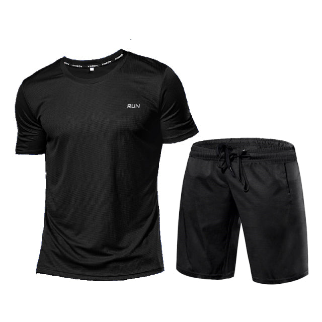 2 Pcs/Sets Men&#39;s Sportswear Short Sleeve T-Shirt Athletic Wear Compression Suit Gym Elastic Tracksuit Ropa Deportiva Running Set