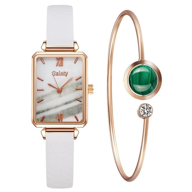 Gaiety Brand Women Watches Fashion Square Ladies Quartz Watch Bracelet Set Green Dial Simple Rose Gold Mesh Luxury Women Watches