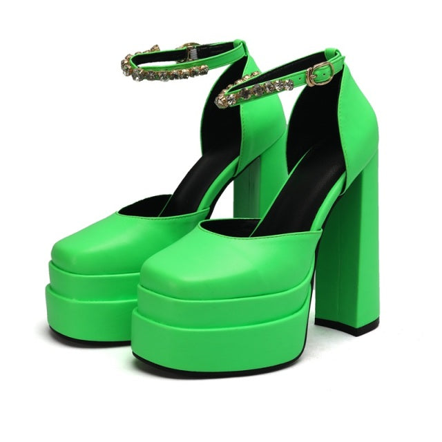 2021 New Ladies Sandals Summer Shoes Sexy Thick High Heels Thick Platform Buckle Crystal Dress Party Wedding Shoes Woman Pumps