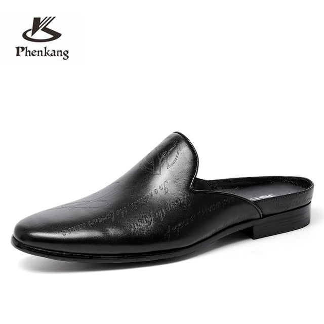 Men Business Half Slippers Men's Office Summer Trend Personalized Carved Dress Genuine Leather Breathable Toe Cap Shoes 2022