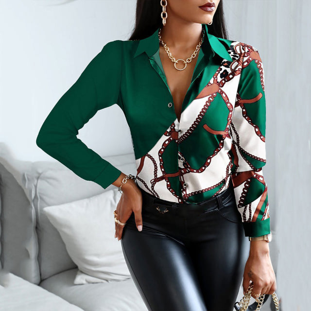 Blouses Woman Casual Office Print Shirts Autumn Fashion Button Long Sleeve White Shirt Elegant Patchwork Slim Tops Women 2021