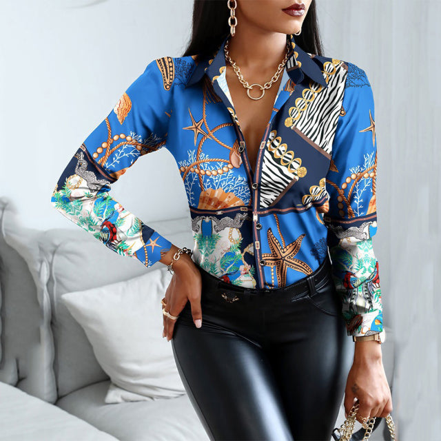 Blouses Woman Casual Office Print Shirts Autumn Fashion Button Long Sleeve White Shirt Elegant Patchwork Slim Tops Women 2021