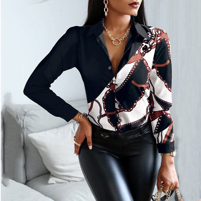 Blouses Woman Casual Office Print Shirts Autumn Fashion Button Long Sleeve White Shirt Elegant Patchwork Slim Tops Women 2021