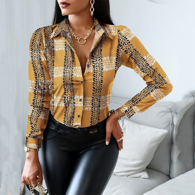 Blouses Woman Casual Office Print Shirts Autumn Fashion Button Long Sleeve White Shirt Elegant Patchwork Slim Tops Women 2021