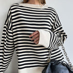 O Neck Vintage Striped Sweater Pullovers For Women Casual Loose Long Sleeves Jumpers Autumn Female Drop Shoulder Kintting Tops