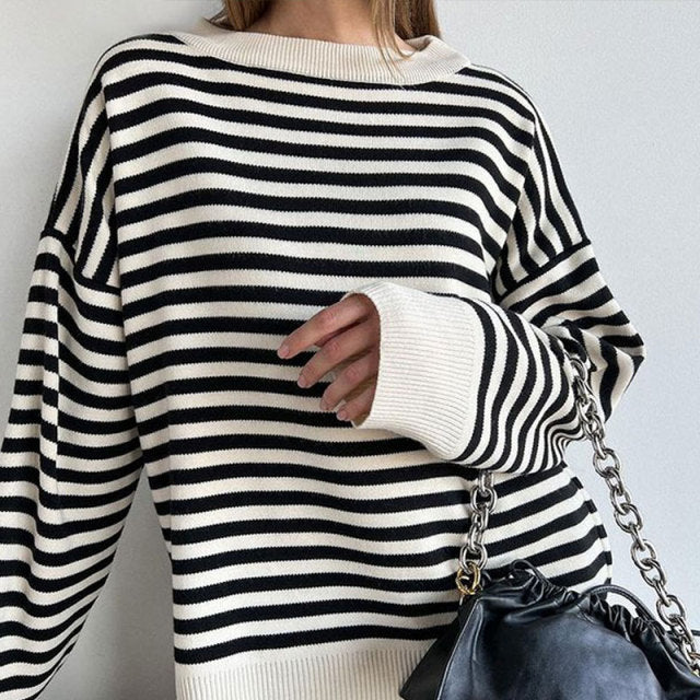 O Neck Vintage Striped Sweater Pullovers For Women Casual Loose Long Sleeves Jumpers Autumn Female Drop Shoulder Kintting Tops