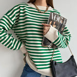O Neck Vintage Striped Sweater Pullovers For Women Casual Loose Long Sleeves Jumpers Autumn Female Drop Shoulder Kintting Tops