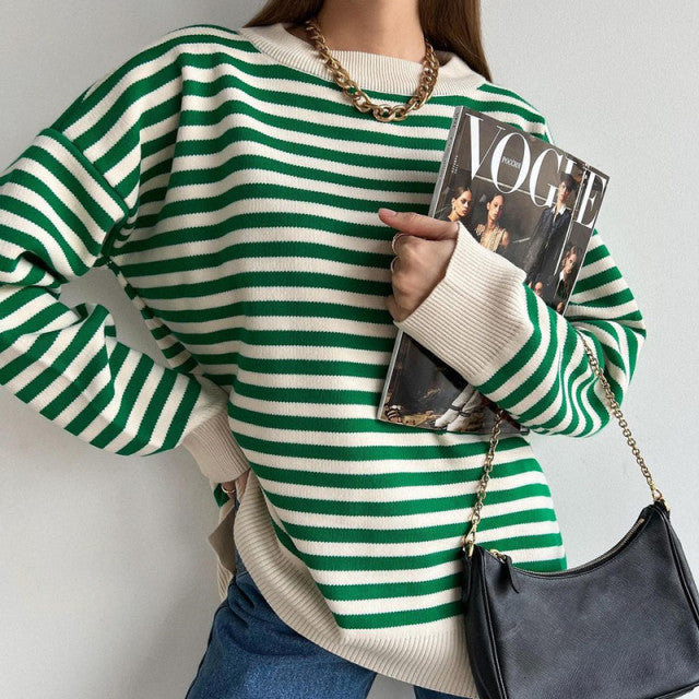 O Neck Vintage Striped Sweater Pullovers For Women Casual Loose Long Sleeves Jumpers Autumn Female Drop Shoulder Kintting Tops