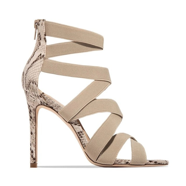 Sandalias Mujer 2021 Women's Ladies Pumps Fashion Bandage Patchwork Mixed Colors Snake High Heels Sandals Casual Shoes