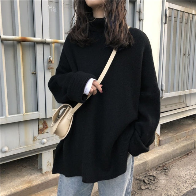 2021 Turtleneck Collar Sweater Women Spring Autumn Solid Knitting Pullovers Oversize Basic Black Blue White Jumper pull femme