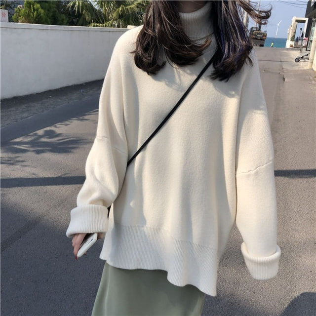 2021 Turtleneck Collar Sweater Women Spring Autumn Solid Knitting Pullovers Oversize Basic Black Blue White Jumper pull femme