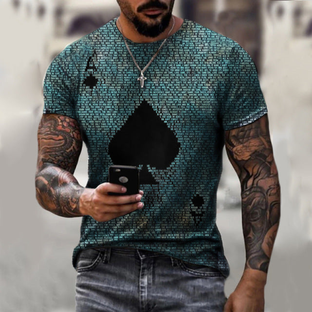 2021 Summer Men's T-shirt Summer Men's Street Style Round Neck Shirt Fashion Poker Print Short Sleeve Zebra Stripe Printed Top