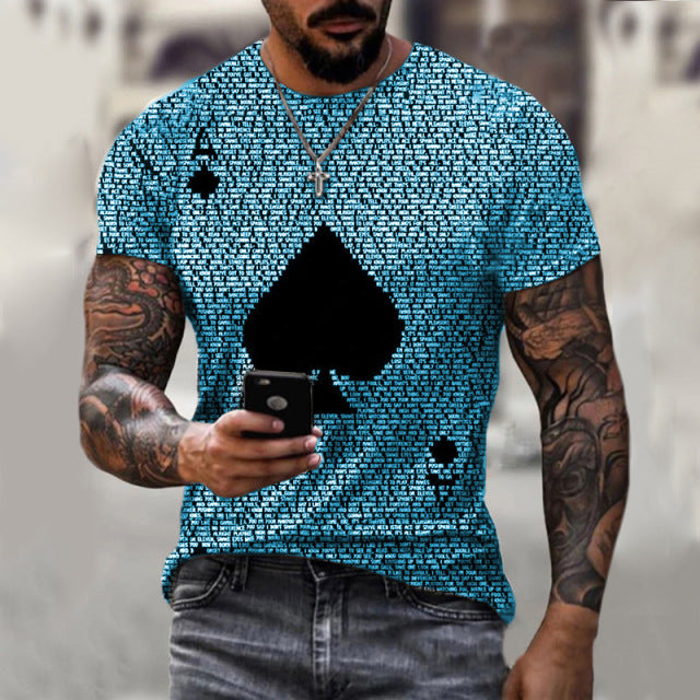 2021 Summer Men's T-shirt Summer Men's Street Style Round Neck Shirt Fashion Poker Print Short Sleeve Zebra Stripe Printed Top