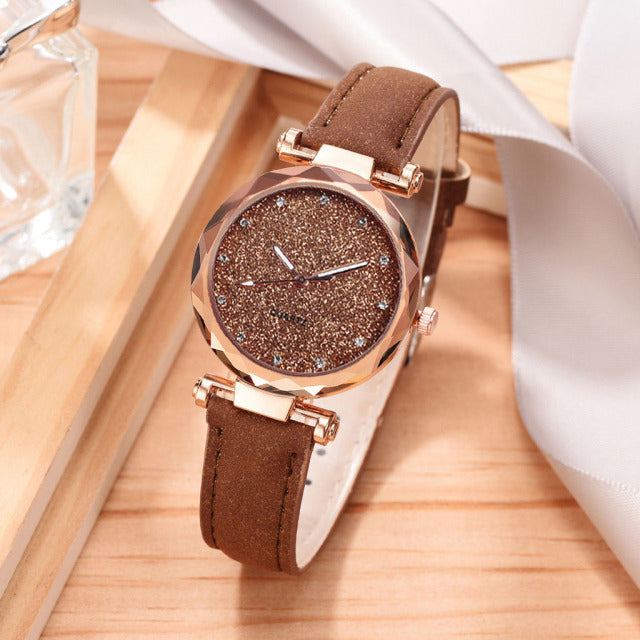 Casual Watches Women Romantic Starry Sky Watch Bracelet Leather Rhinestone Designer Ladies Clock Simple Dress Gfit  Montre Femme
