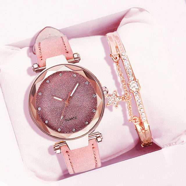 Casual Watches Women Romantic Starry Sky Watch Bracelet Leather Rhinestone Designer Ladies Clock Simple Dress Gfit  Montre Femme