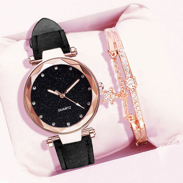 Casual Watches Women Romantic Starry Sky Watch Bracelet Leather Rhinestone Designer Ladies Clock Simple Dress Gfit  Montre Femme