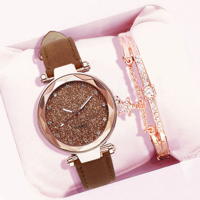 Casual Watches Women Romantic Starry Sky Watch Bracelet Leather Rhinestone Designer Ladies Clock Simple Dress Gfit  Montre Femme