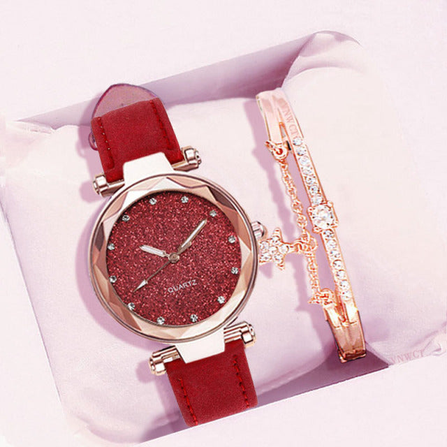 Casual Watches Women Romantic Starry Sky Watch Bracelet Leather Rhinestone Designer Ladies Clock Simple Dress Gfit  Montre Femme