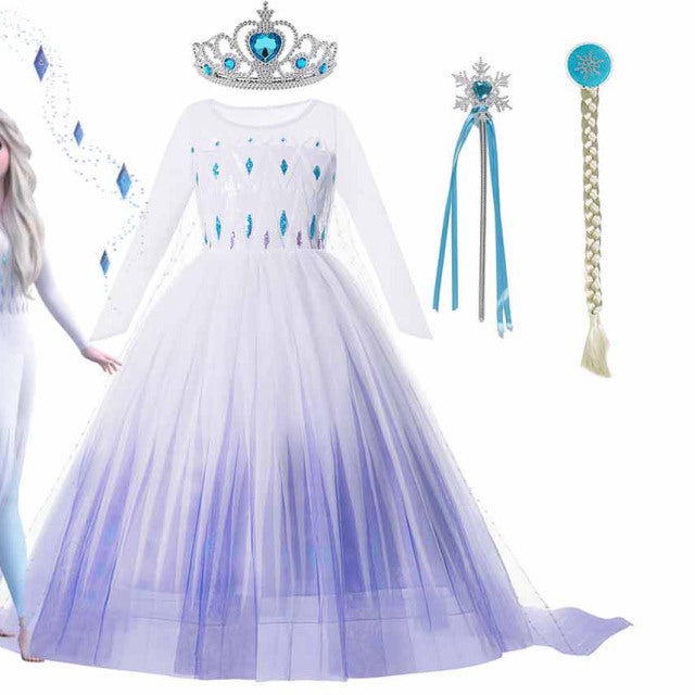 2022 Disney Frozen 2 Costume for Girls Princess Elsa Dress White Ball Gown Birthday Kids Snow Queen Cosplay Carnival Clothing