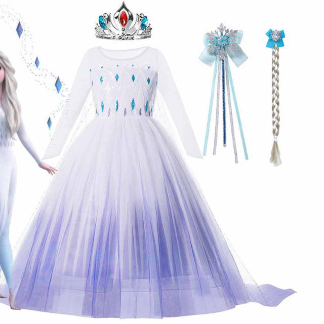 2022 Disney Frozen 2 Costume for Girls Princess Elsa Dress White Ball Gown Birthday Kids Snow Queen Cosplay Carnival Clothing