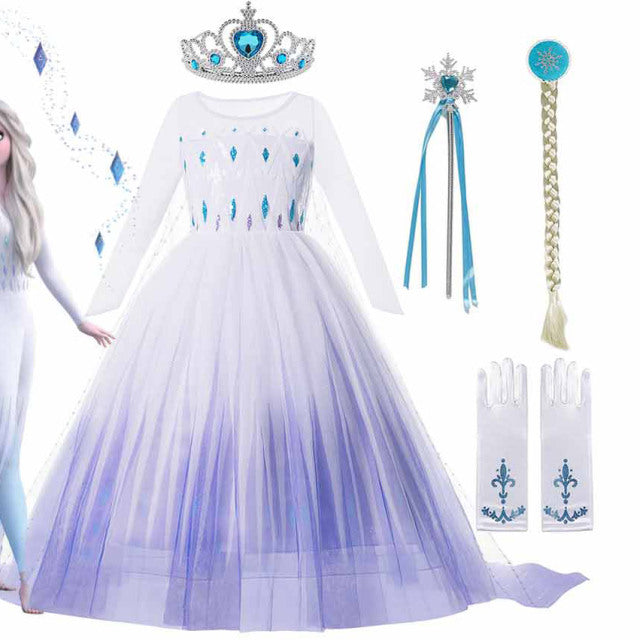 2022 Disney Frozen 2 Costume for Girls Princess Elsa Dress White Ball Gown Birthday Kids Snow Queen Cosplay Carnival Clothing