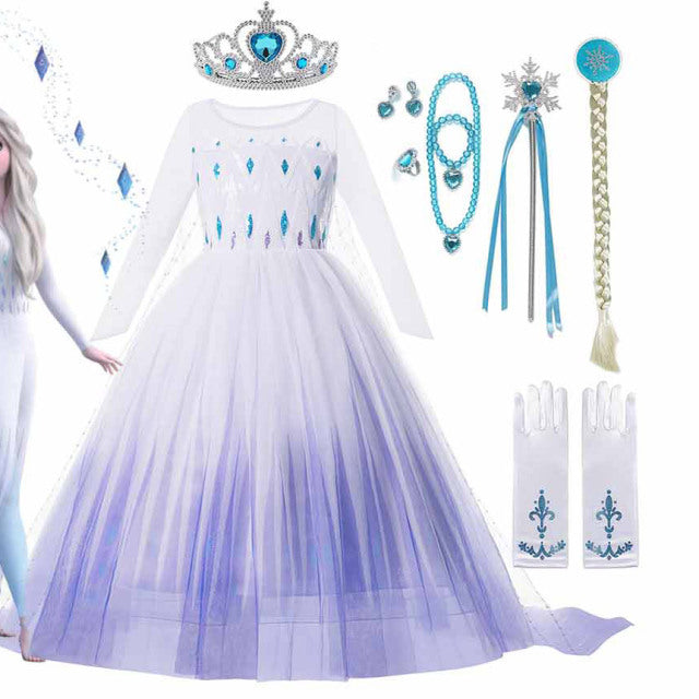 2022 Disney Frozen 2 Costume for Girls Princess Elsa Dress White Ball Gown Birthday Kids Snow Queen Cosplay Carnival Clothing