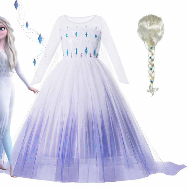 2022 Disney Frozen 2 Costume for Girls Princess Elsa Dress White Ball Gown Birthday Kids Snow Queen Cosplay Carnival Clothing