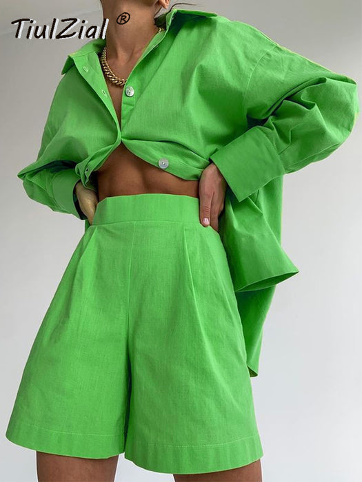 TiulZial Casual Women Short Set Tracksuit Loungewear Two Piece Women Outfits Oversized Long Shirt And High Waist Shorts Green